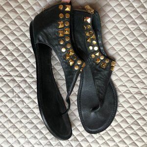 Tory Burch Black Gladiator Sandals with Gold Studs